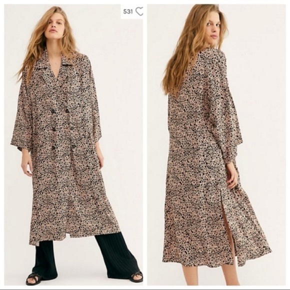 * Free People Daria Double Breasted Leopard Print Maxi Duster Dress Coat US XS - Picture 1 of 10